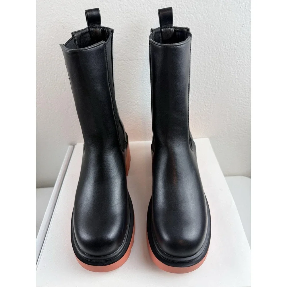 Vivianly Black Chelsea Boot Lug Sole Platform Chunky Heel Slip On Boot Sz 38/7.5